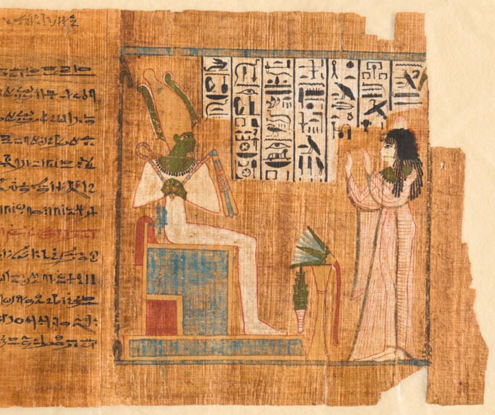 An ancient Egyptian funerary papyrus showing a seated Osiris with a green face, wearing an Atef crown. A woman in white robes prays before him, with hieroglyphic text above and beside them.