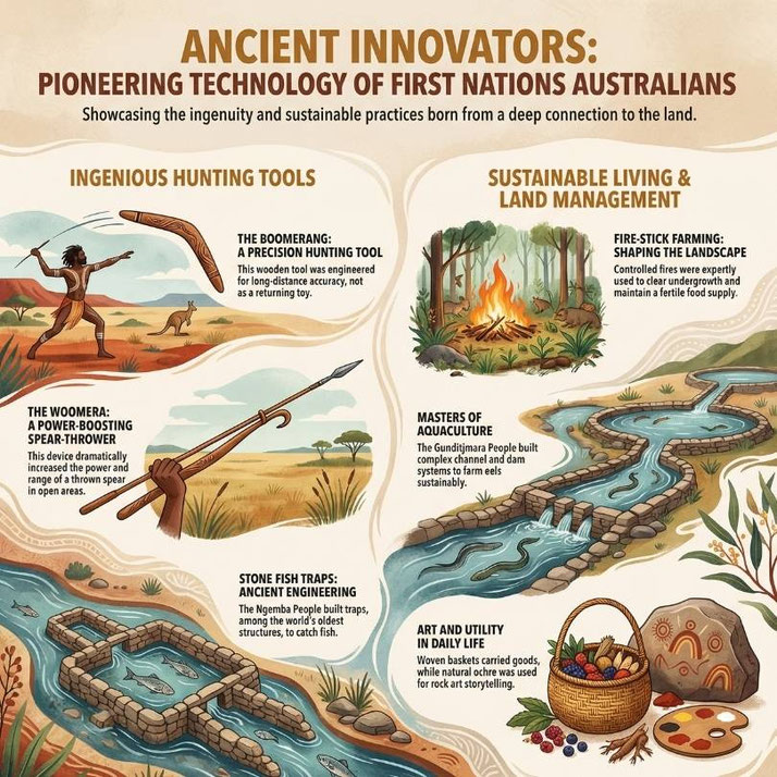 Illustrated guide showing ancient technologies by First Nations Australians, including boomerangs, aquaculture systems, and sustainable fire management.