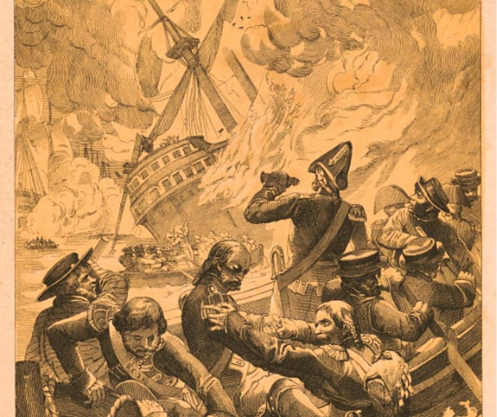 Historic naval battle engraving with sailors in small boats near a burning warship, smoke filling the sky as officers watch the destruction.