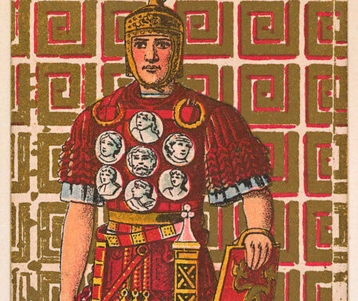 A stylized depiction of a Roman soldier in ornate armor with circular medallions featuring portraits, holding a shield and standing against a decorative geometric background.