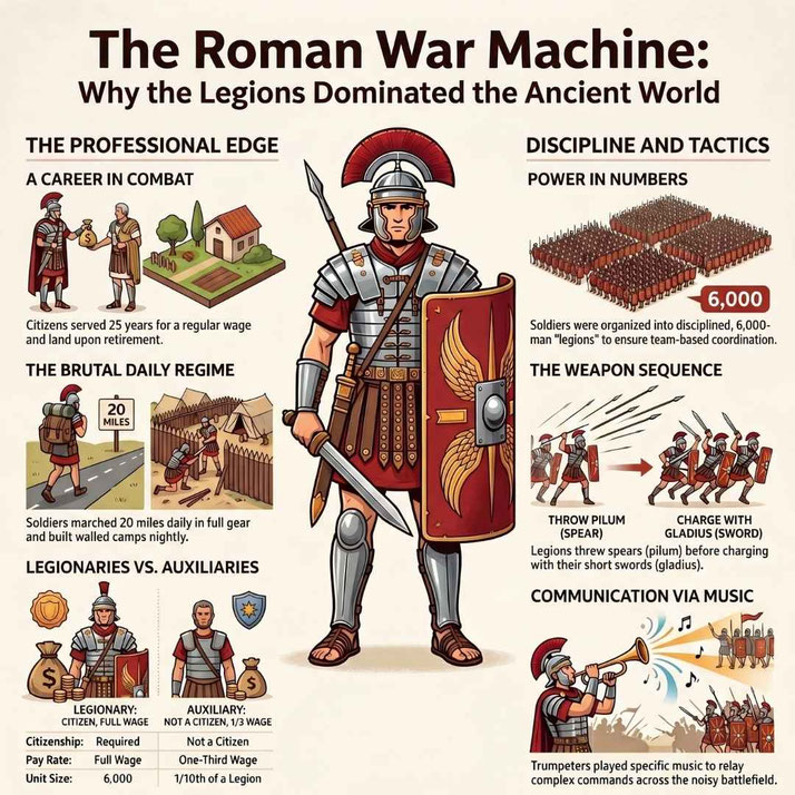 Roman soldier infographic explaining Roman military strength, tactics, training, weapons, and legion structure with illustrated battle scenes and equipment.