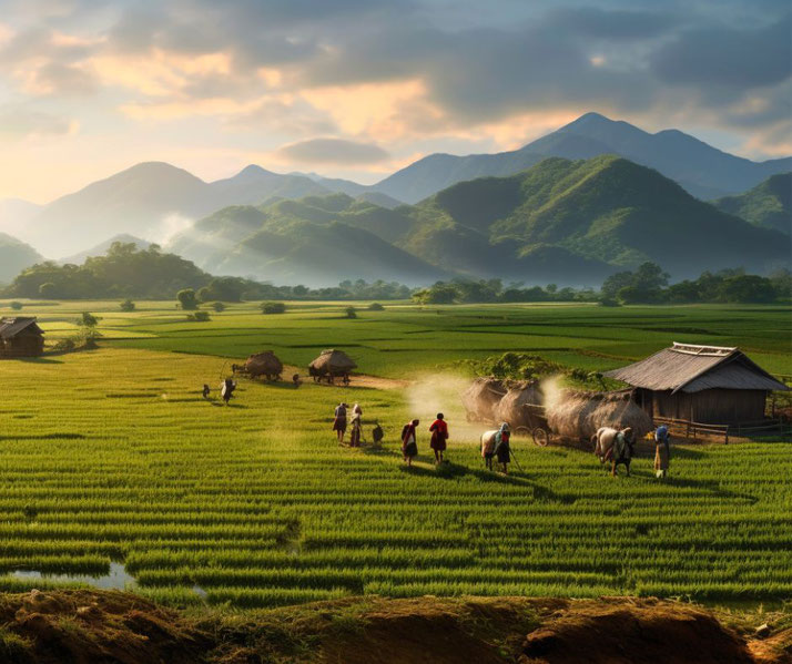 Nong class, with peasant farmers working diligently in vast rice fields