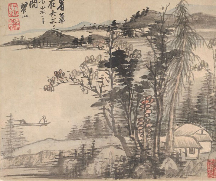 A traditional Chinese landscape painting featuring a rural scene with trees, mountains, a small house, and a lone boatman on a river.