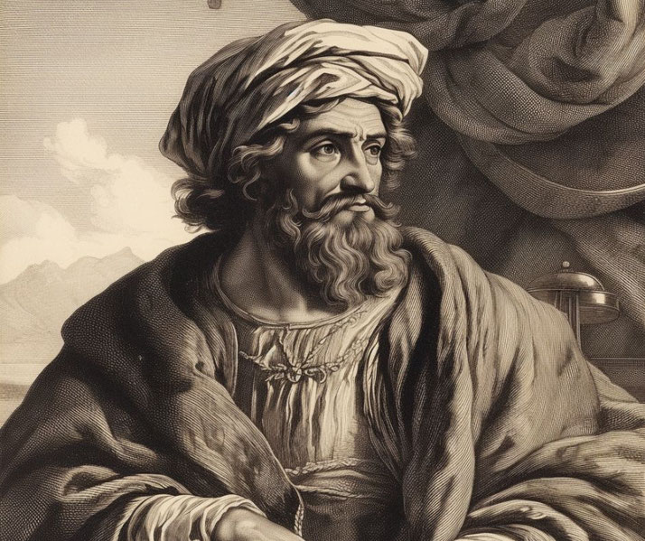 A bearded man in a turban and robe, gazing into the distance.