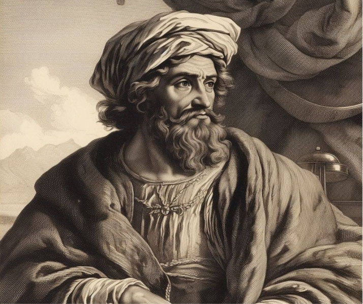 A bearded man in a turban and robe, gazing into the distance.