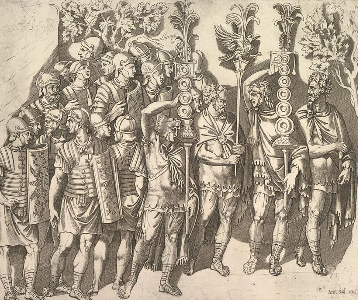 A Roman legion from Trajan's Column, showing soldiers in segmented armor with shields and helmets.
