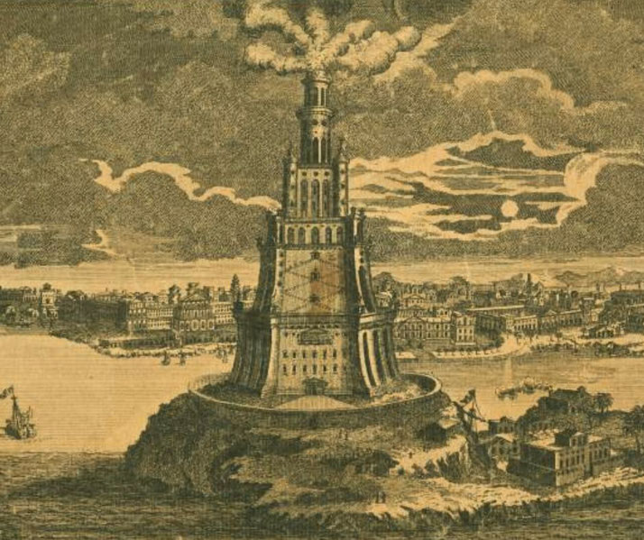 Etching of the Lighthouse of Alexandria shows a towering multi-tiered structure with smoke rising, set against an ancient coastal cityscape.