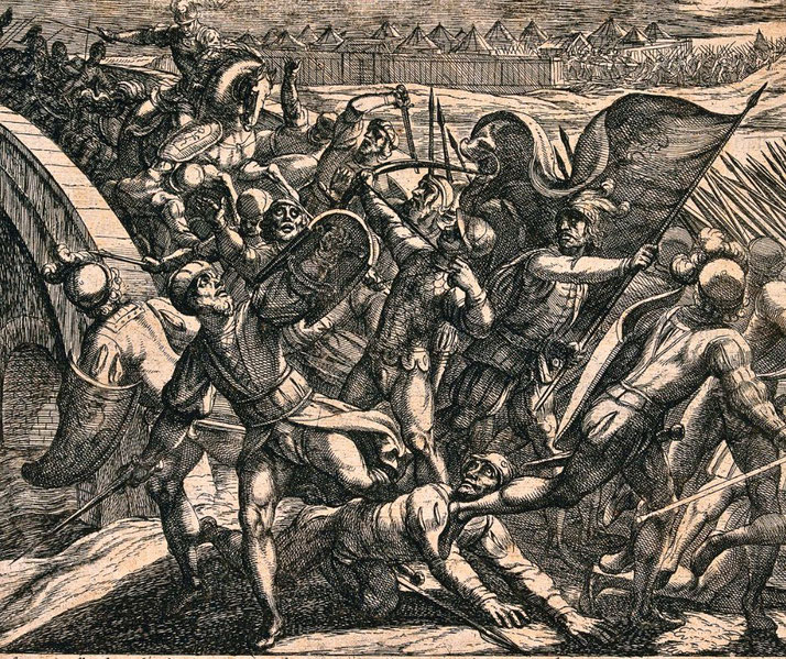 A fierce battle between Roman soldiers and Germanic warriors near a bridge, with chaotic combat unfolding in front of a fortified encampment.