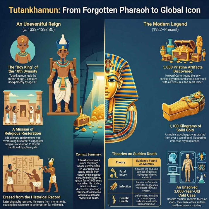 Infographic on Tutankhamun tracing his brief reign, erased legacy, tomb discovery, gold treasures, and theories about his sudden death.