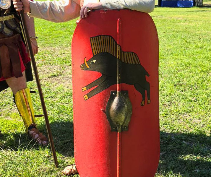 A red Roman shield featuring a black boar emblem with gold accents, resting on the ground, held by a person in historical Roman attire, standing on a grassy field during a reenactment.