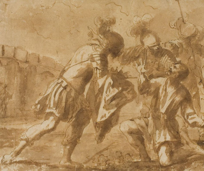 Pen and brown ink drawing by a follower of Guercino, depicting Roman envoys summoning Cincinnatus from his plough.