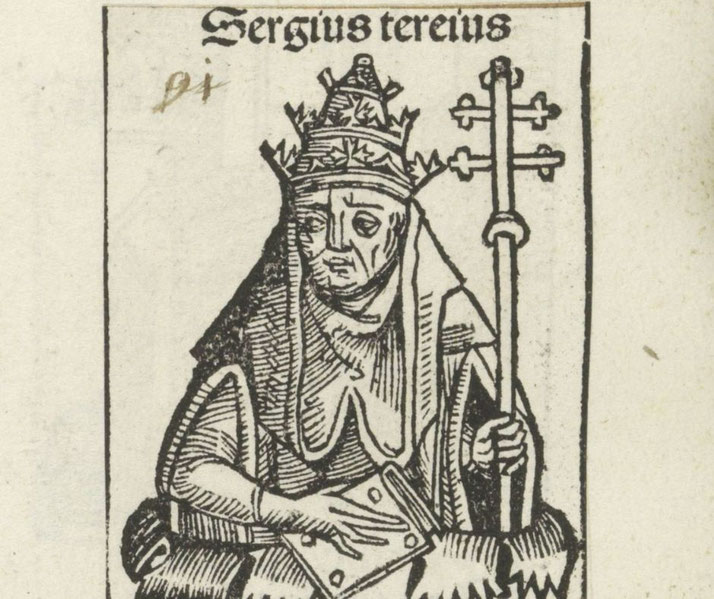 Woodcut of Pope Sergius III holding a book and double cross staff, from the 1493 Liber Chronicarum by Michel Wolgemut's workshop.
