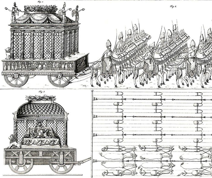 Intricate black-and-white engraving shows ancient ceremonial carts, armored cavalry, and detailed harness systems with horses in formation.