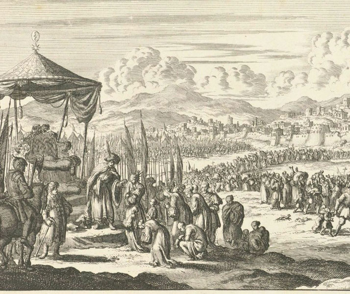 Jan Luyken’s 1683 etching depicts Saladin’s 1187 recapture of Jerusalem, showing Muslim forces entering the city after the siege.