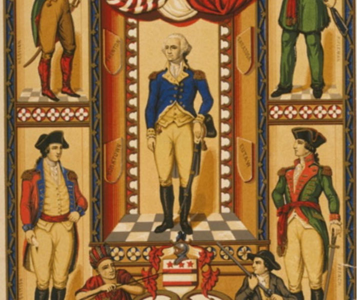Decorative historical illustration featuring central portrait of an early American military leader surrounded by figures in Revolutionary War era uniforms.