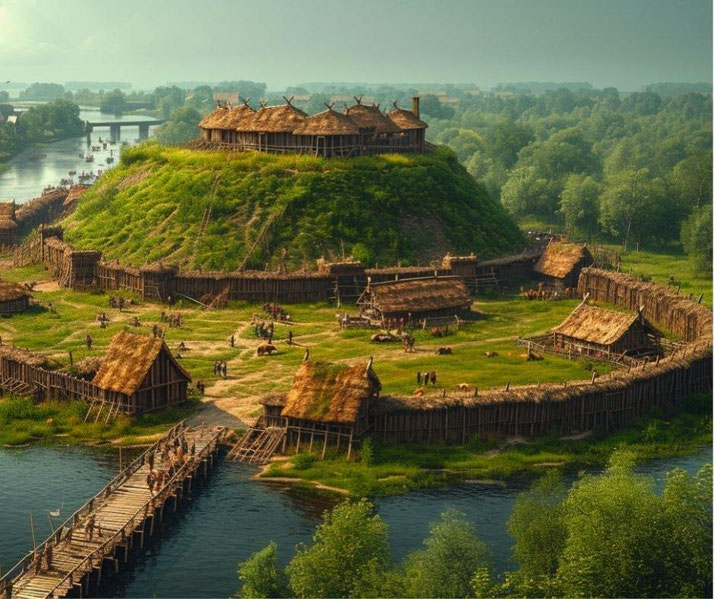 A reconstructed medieval hillfort with a wooden palisade, thatched-roof buildings, and a central mound, surrounded by water and lush greenery, bustling with activity as villagers go about their daily tasks.