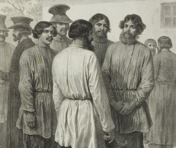A group of men in traditional 19th-century Russian peasant clothing stand together, some facing forward, others conversing, in a monochrome illustration.