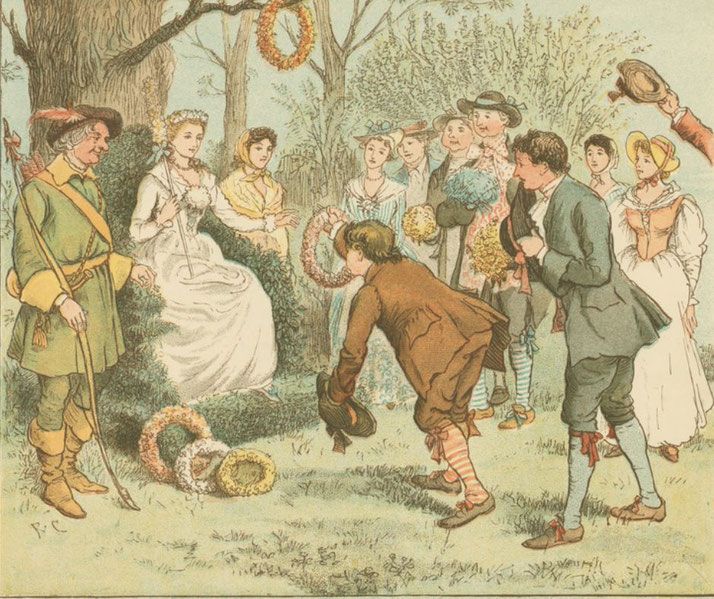 A lively scene from Robin Hood's world, where a group of people, including Maid Marian, celebrate in a festive gathering.