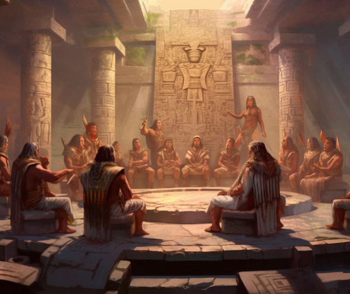 Aztec priests in a temple