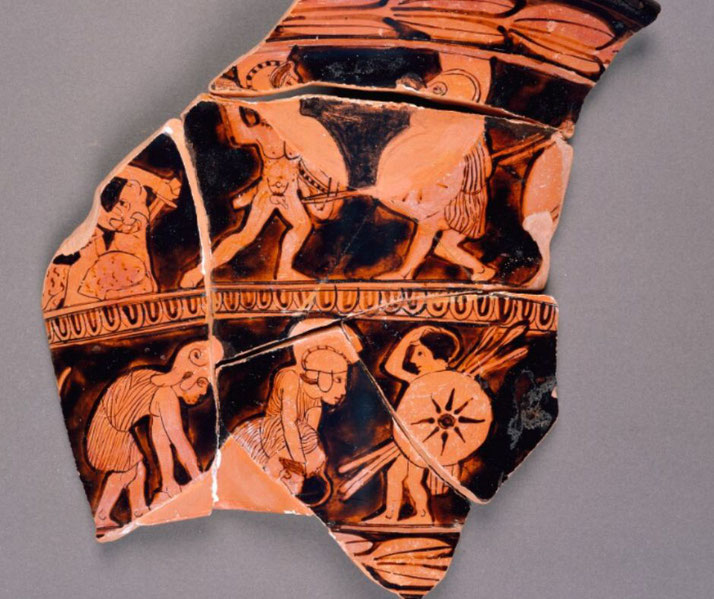 Fragment of a calyx krater showing a Greek warrior in combat, attributed to the Niobid Painter.