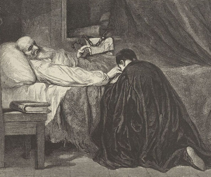 Engraving depicts the death of Christopher Columbus. An aged Columbus lies in bed while a kneeling figure, possibly a priest or family member, kisses his hand in a solemn farewell.