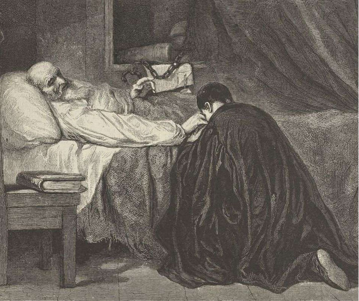 Engraving depicts the death of Christopher Columbus. An aged Columbus lies in bed while a kneeling figure, possibly a priest or family member, kisses his hand in a solemn farewell.