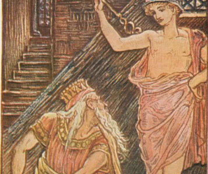 Hermes appearing before King Midas, holding his caduceus.