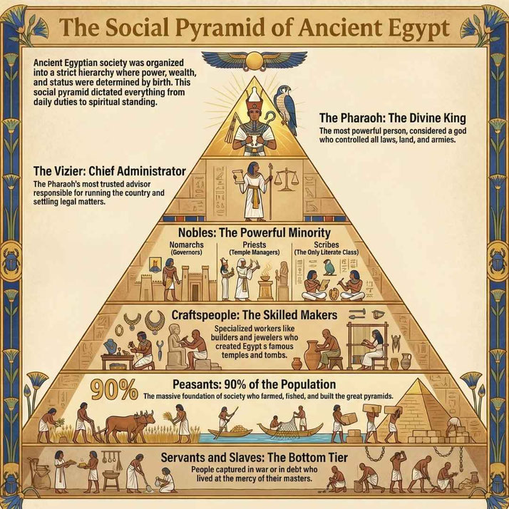 Illustrated educational chart showing the social hierarchy of Ancient Egypt as a pyramid, with pharaoh, vizier, nobles, craftspeople, peasants, and slaves, using figures, icons, and labeled sections.