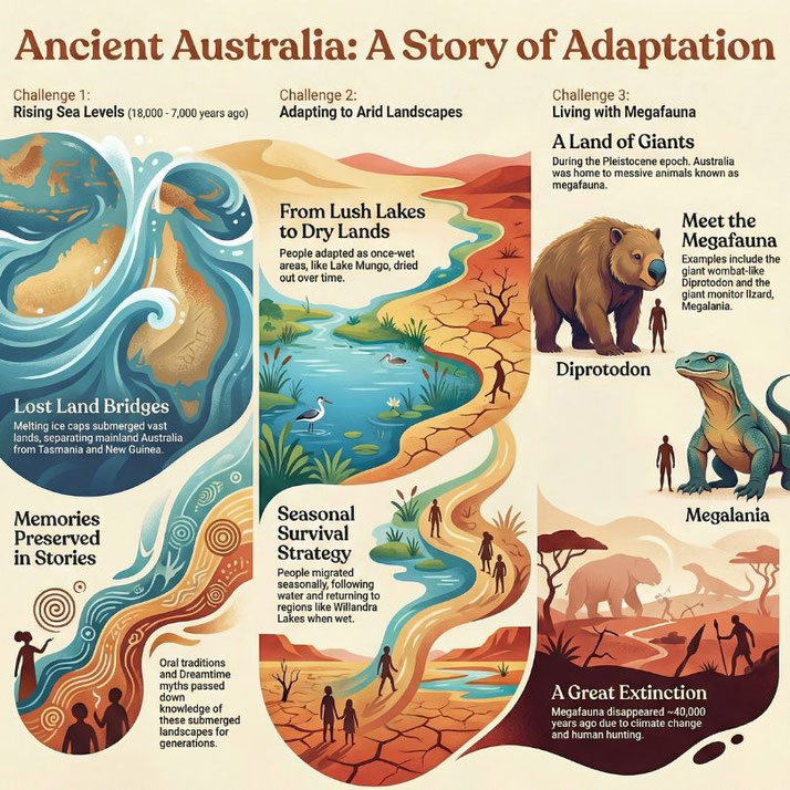 Illustrated infographic shows how ancient Australians adapted to rising seas, arid lands, and megafauna through migration, oral stories, and seasonal survival.