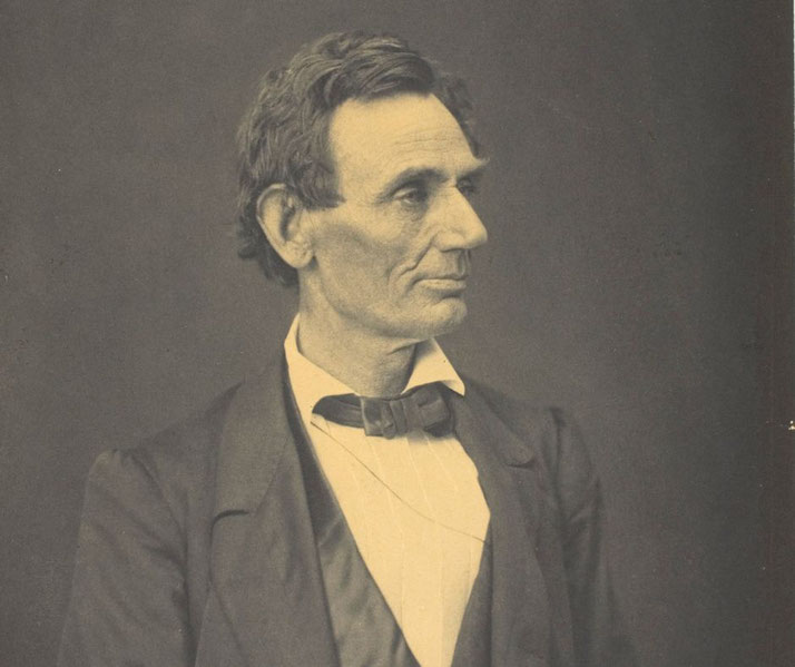 Lincoln stands upright, neatly groomed, gazing forward; a campaign portrait crafted to convey leadership and confidence.