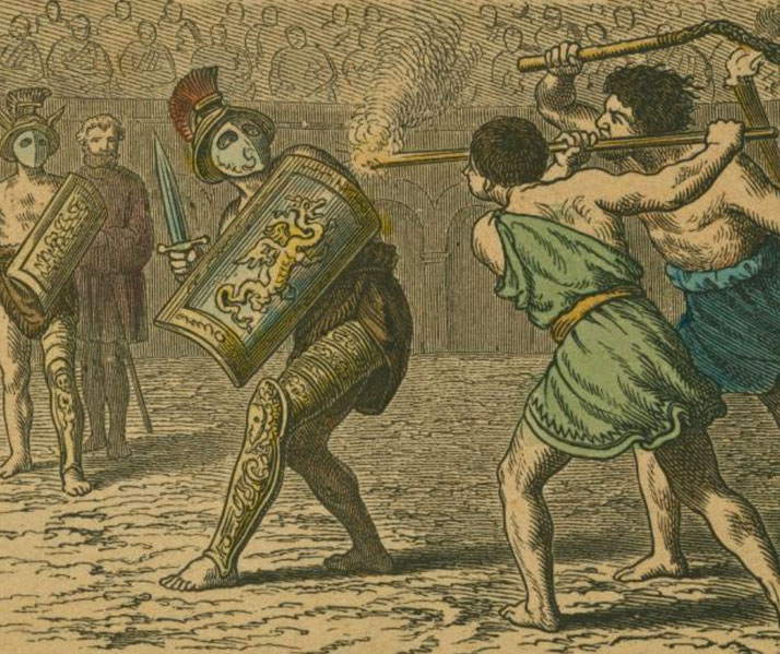 A heavily armored gladiator defends against two opponents wielding torches and whips, while spectators and a referee observe the brutal combat.