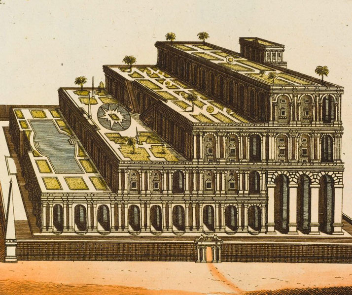 Illustration of the Hanging Gardens of Babylon, showing tiered architecture with lush greenery, trees, and water features on multiple levels.