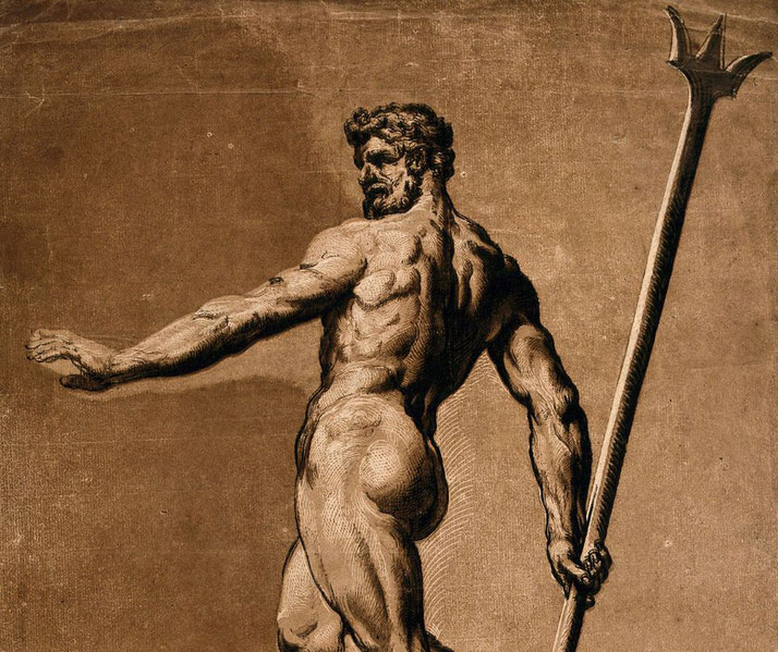Neptune, the Roman god of the sea, holding a trident. His muscular, nude form is turned dynamically, with a commanding gaze and dramatic shading emphasizing his power.