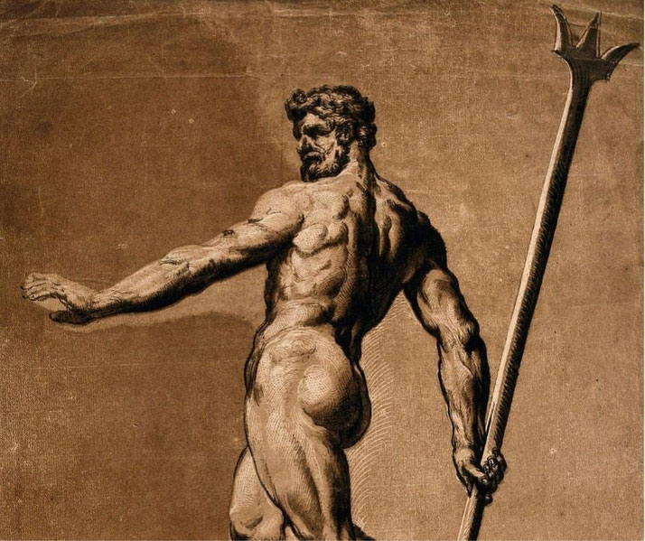 Neptune, the Roman god of the sea, holding a trident. His muscular, nude form is turned dynamically, with a commanding gaze and dramatic shading emphasizing his power.