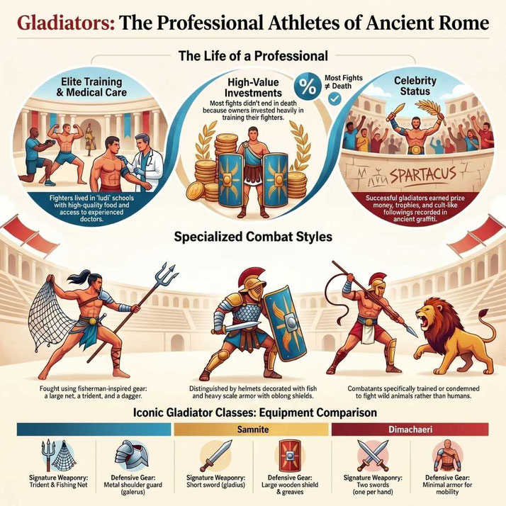 Ancient Rome infographic about gladiators as trained athletes, featuring combat styles, armor, weapons, and arena fame with illustrated Roman fighters.