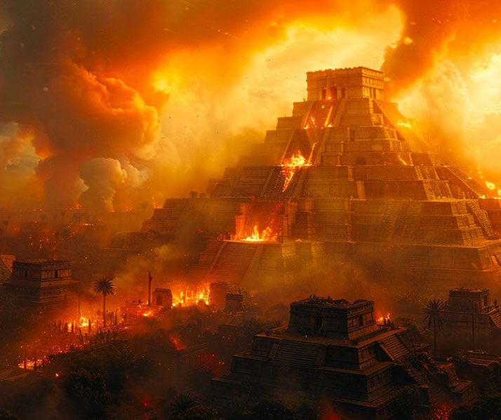 Dramatic digital depiction shows the burning of Tenochtitlán, with its grand pyramids engulfed in flames and thick smoke rising, symbolizing the Spanish conquest and destruction of the Aztec capital.
