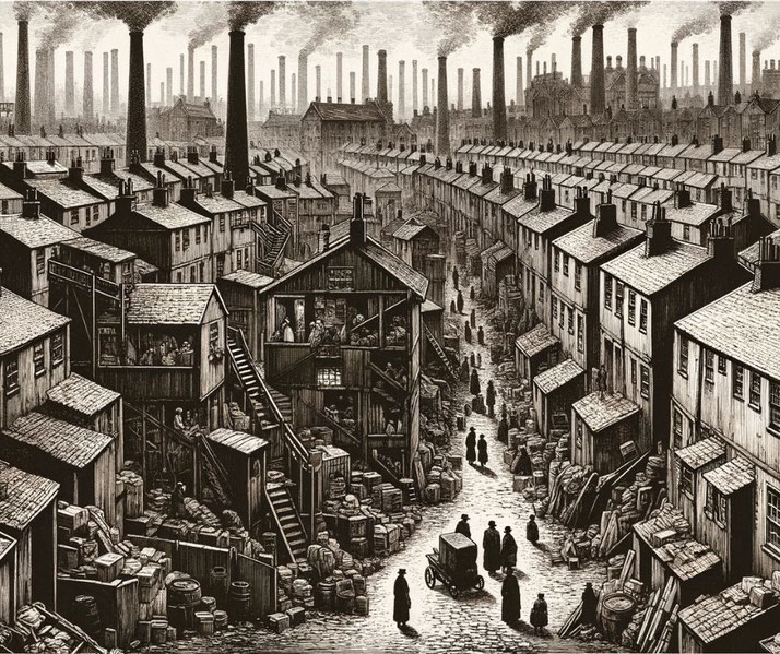 A Victorian-era slum during the Industrial Revolution