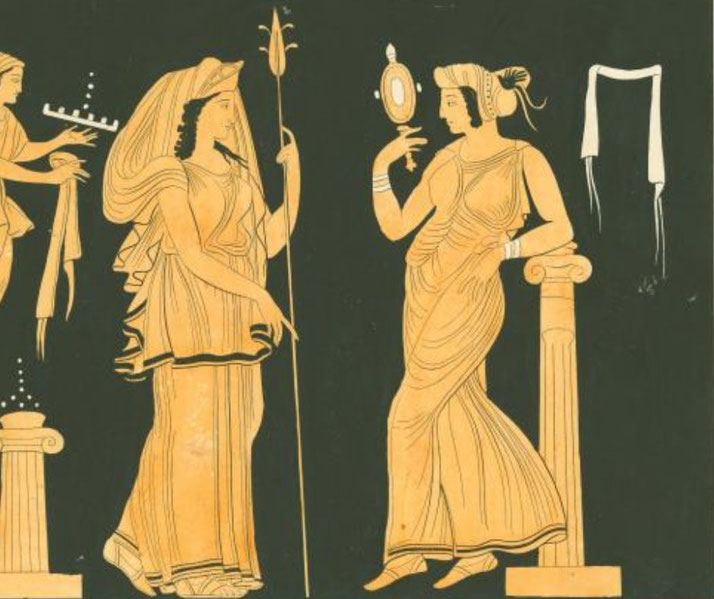 An ancient Greek vase painting depicts Nike, Hera, and Aphrodite. Nike holds a staff, while Aphrodite gazes into a mirror, symbolizing beauty. 
