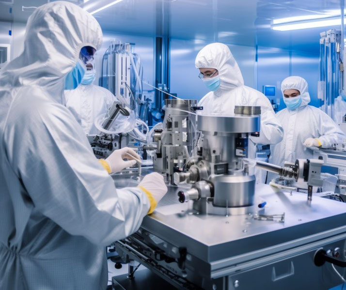 Scientists in full protective suits work in a sterile laboratory with advanced machinery and equipment, showcasing a high-tech, cleanroom environment focused on precision and safety.