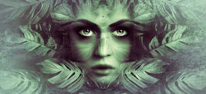  surreal, mystical face emerging from layered green leaves, blending seamlessly with nature.
