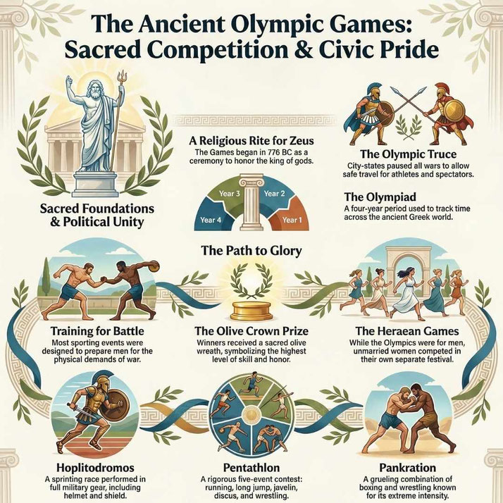 Ancient Greece themed infographic on Olympic Games, with illustrated athletes, Zeus statue, events, timeline, and text explaining origins, truce, prizes, and competitions.