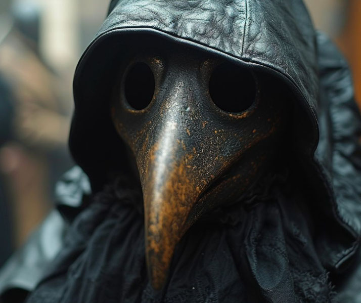 A close-up of a plague doctor mask with a long beak and dark, weathered leather, paired with a hooded cloak, evoking a haunting and historical appearance.