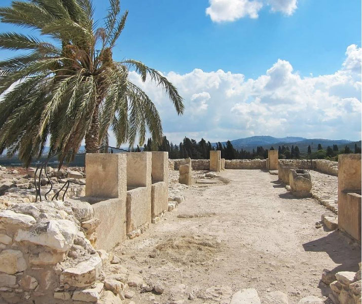 Stone ruins with low walls and rectangular structures beside a tall palm tree under a bright sky, with distant hills and scattered trees in the background.