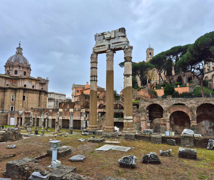 Three standing columns, likely from the Roman Forum. Surrounding them are scattered architectural fragments, historic buildings, and lush trees under a cloudy sky.