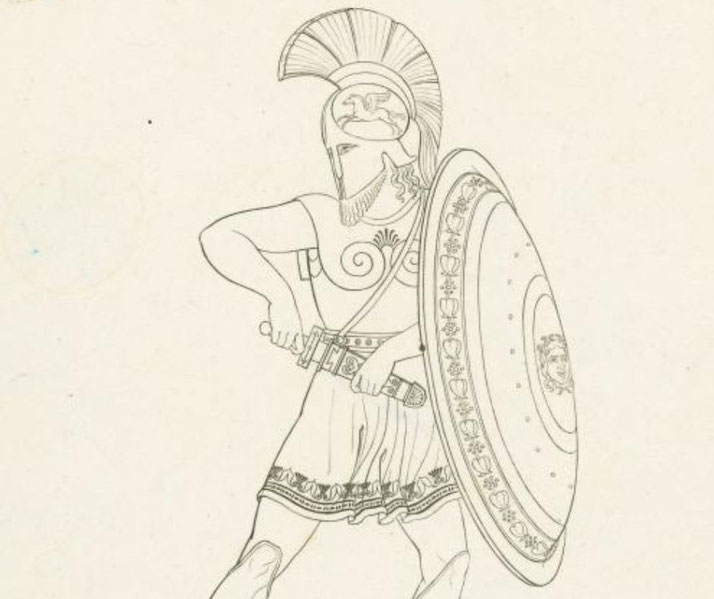 Line drawing of an ancient Greek hoplite warrior in a crested helmet, ornate armor, and decorated round shield, drawing his sword in a dynamic stance.