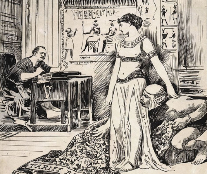 A drawing of the moment when Cleopatra met Julius Caesar after being smuggled in a carpet