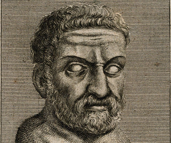 Engraved bust of a bearded man with blank eyes, shown in a detailed linework style on a lined background.