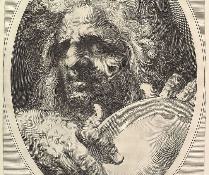 Engraving of Chilon holding a convex mirror, his intense gaze and exaggerated features emphasizing introspection.