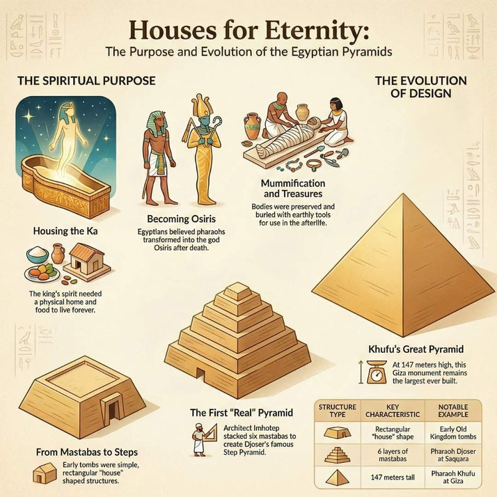 Infographic on Egyptian pyramids explaining spiritual beliefs, mummification, mastabas, the Step Pyramid, and Khufu’s Great Pyramid, with labeled illustrations and brief historical notes.