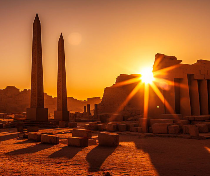 Ancient Egyptian temple with towering obelisks and pylons